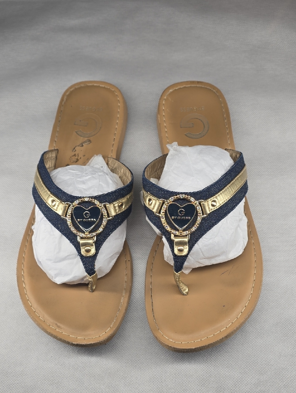 Guess Denim and Gold Logo Thong Sandals